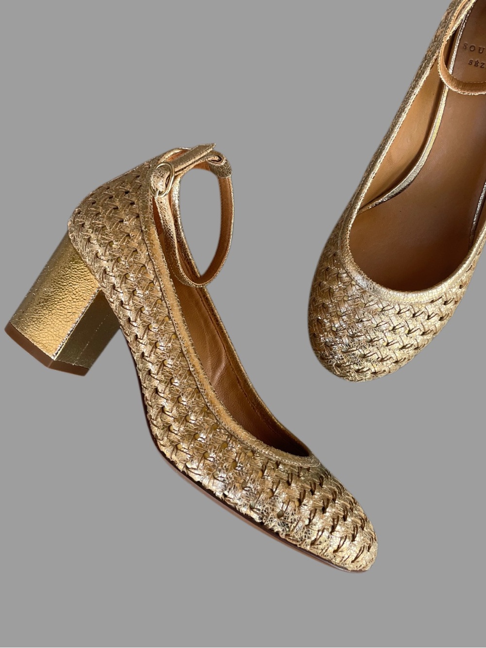 SEZANE Gold Braided Woven Leather Ankle Strap Mary Janes Block Heel Emy Pumps